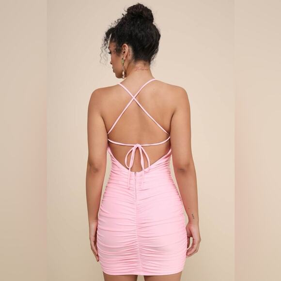 NWOT Lulus Confident Allure Light Pink Ruched Lace-Up Bodycon Mini Dress Small - Picture 6 of 12